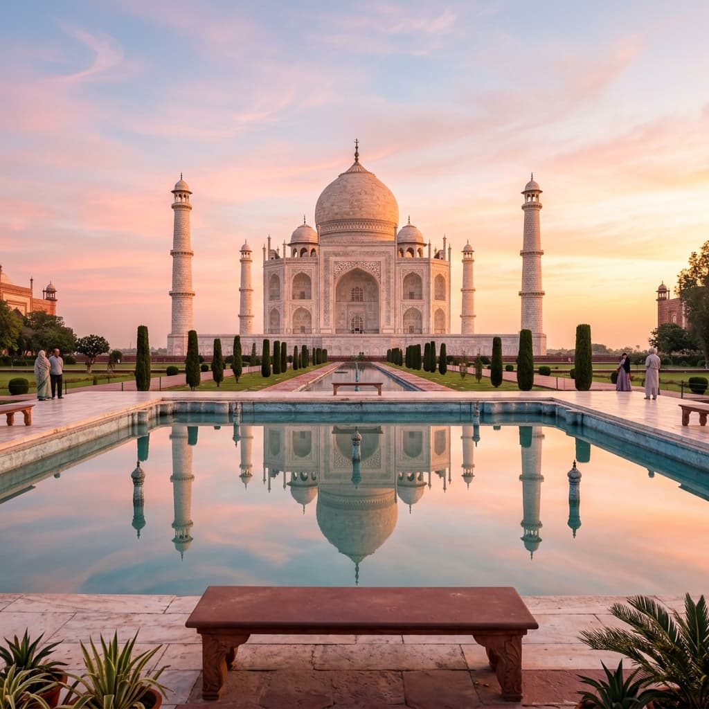 The Taj Mahal glowing in the soft light of sunrise
