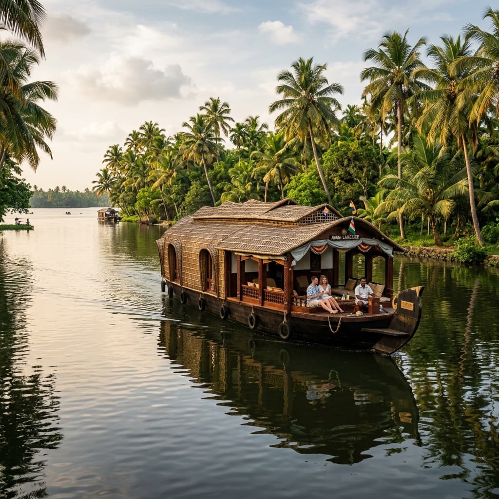 Palm-lined backwaters and traditional boats in Kerala